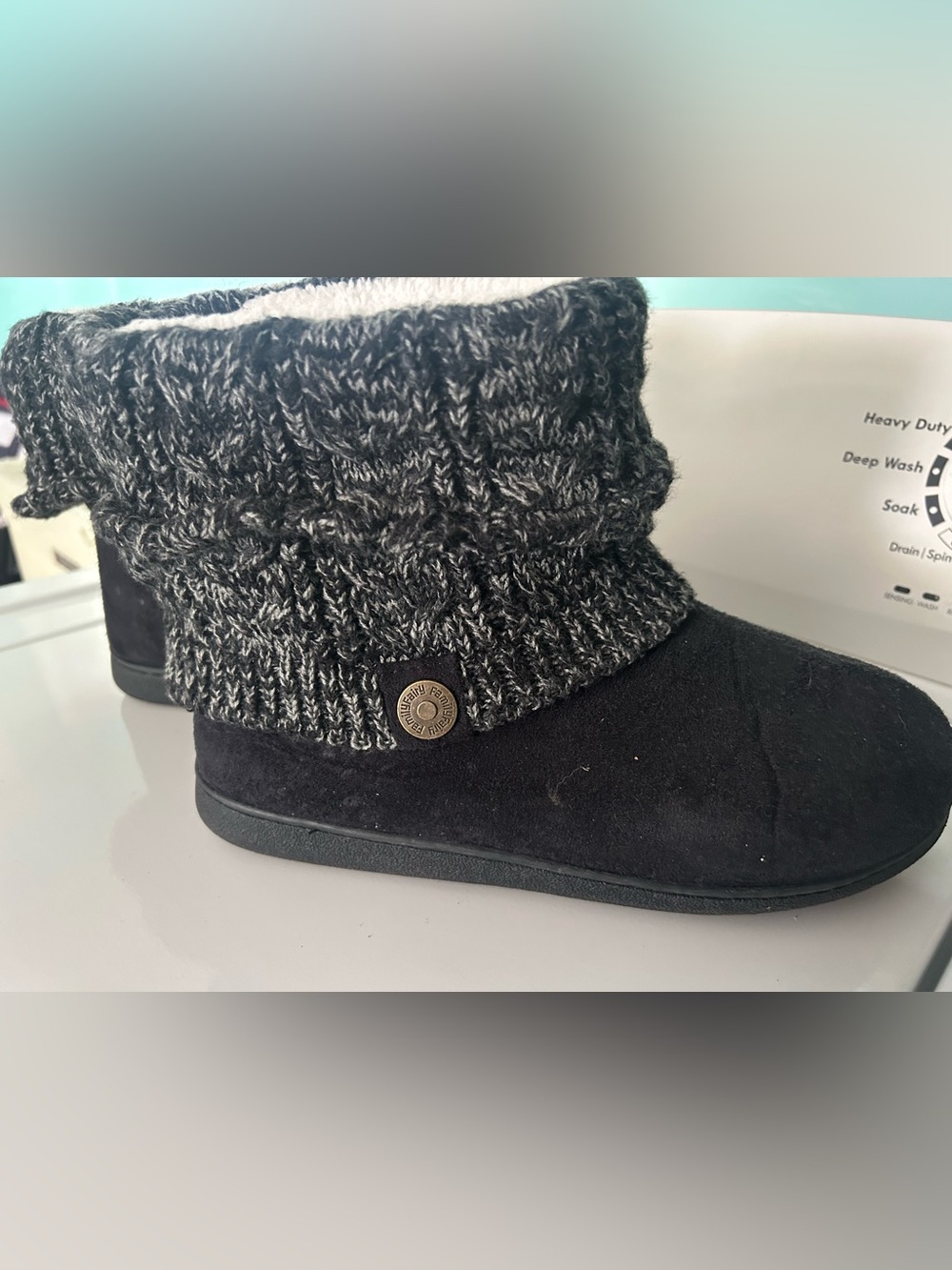 Textured Knit Cuff Suede Bootie with Button Accent - Black & Heather Gray